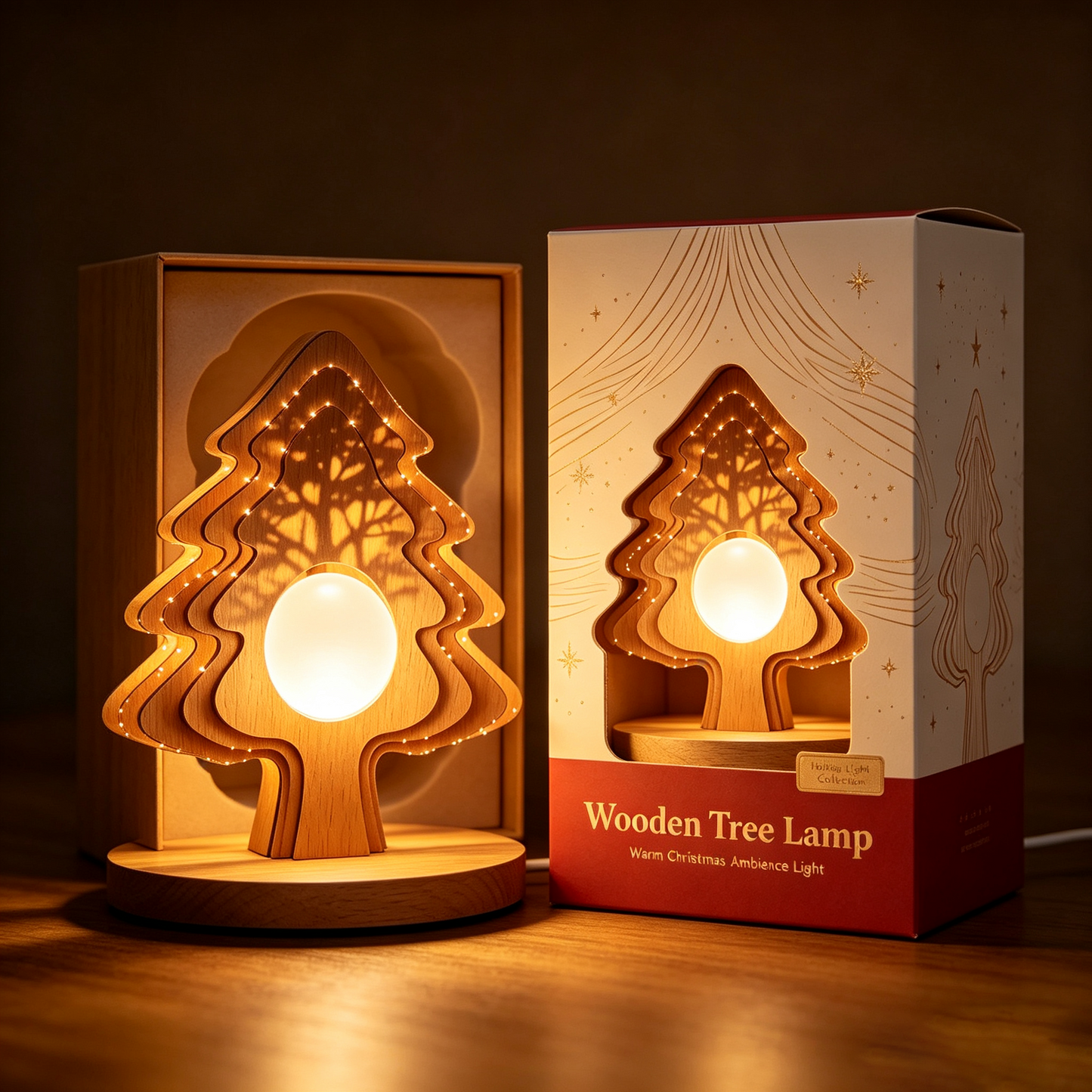 Layered Wooden Pine Tree Table Lamp