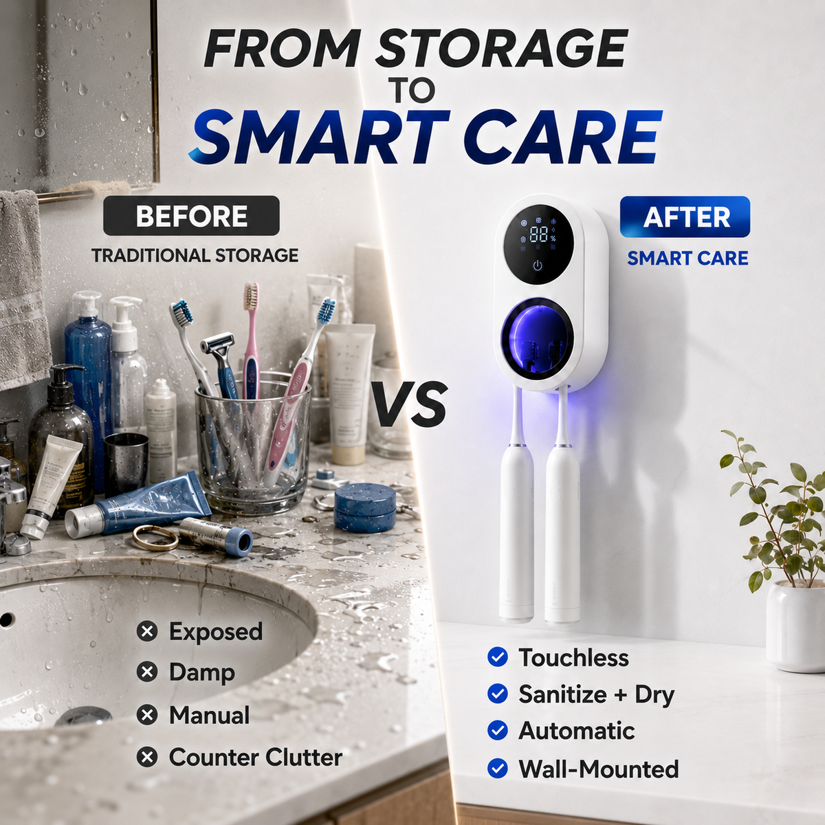 BILLHOL®🧊 WaveSense Touchless Advanced Dual-Toothbrush UV Sanitizing & Drying Station with Automatic Sensor Lid