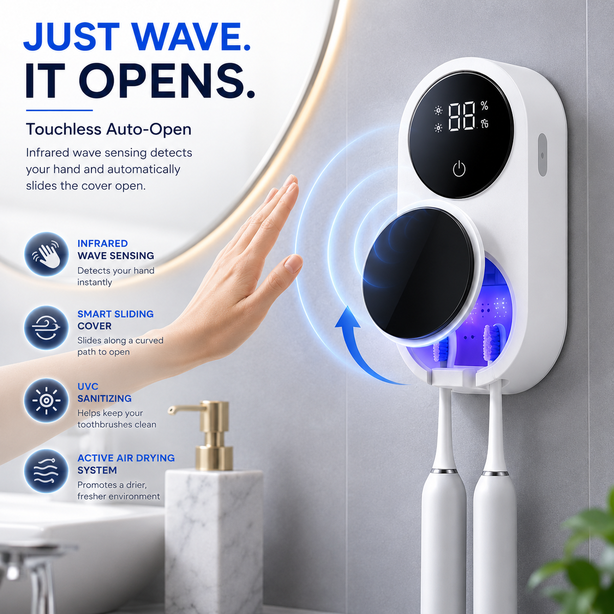 BILLHOL®🧊 WaveSense Touchless Advanced Dual-Toothbrush UV Sanitizing & Drying Station with Automatic Sensor Lid