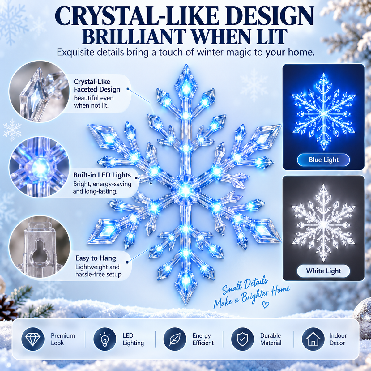 BILLHOL® 🎄WinterGlow Crystal LED Snowflake Lights | Elegant Blue & White Christmas Décor