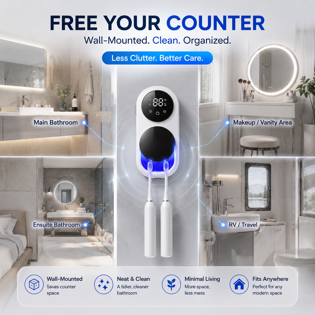 BILLHOL®🧊 WaveSense Touchless Advanced Dual-Toothbrush UV Sanitizing & Drying Station with Automatic Sensor Lid