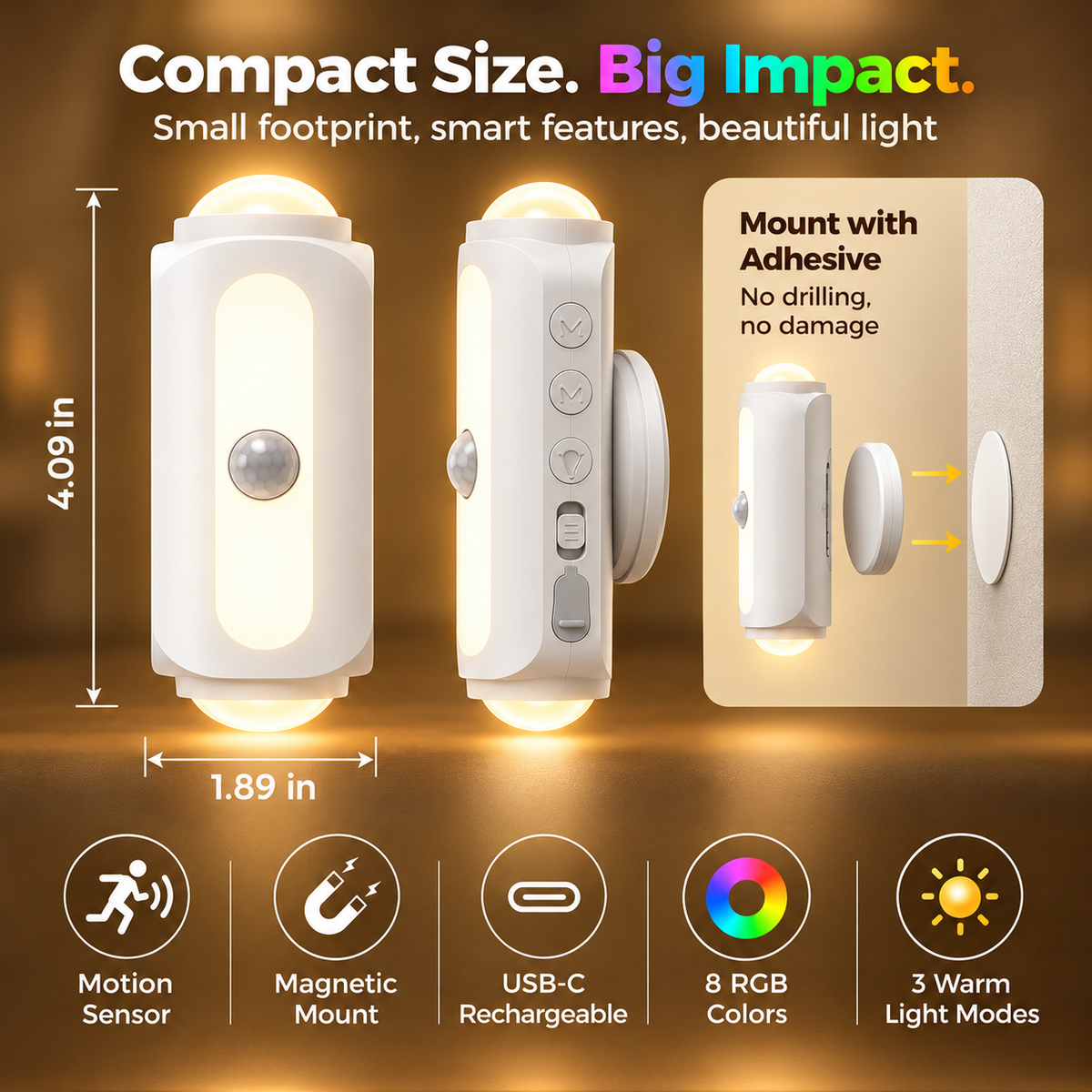 BILLHOL® SmartGlow Motion Sensor Wall Light – Rechargeable RGB & Warm Light