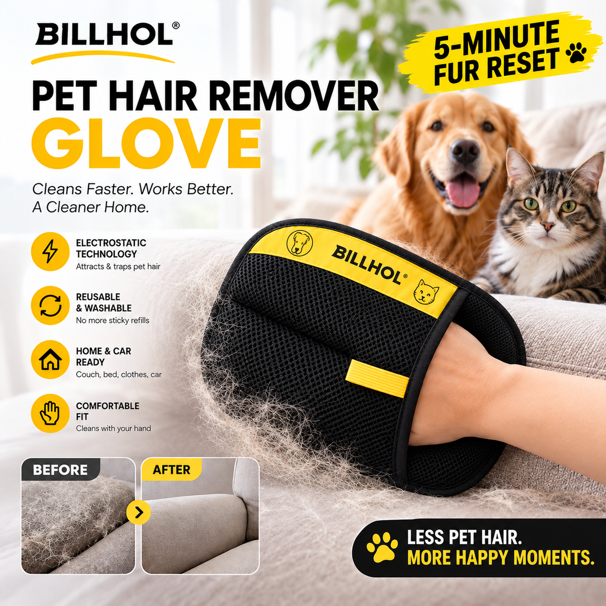 BILLHOL® 🔥FurReset Pro Pet Hair Remover Glove — Reusable Home & Car Fur Cleaning Tool