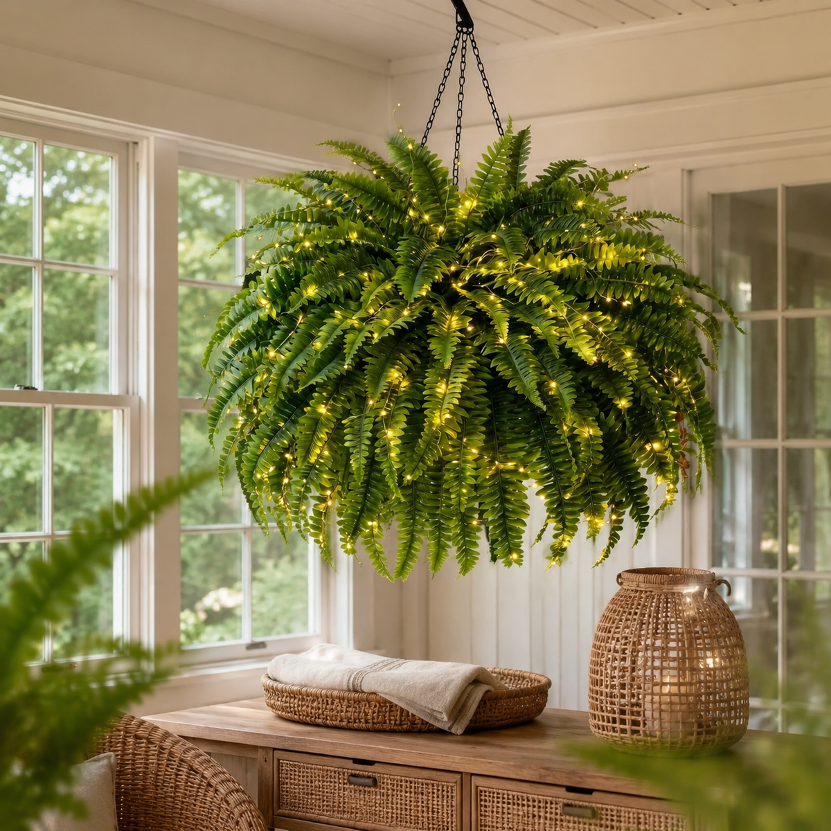 BILLHOL® Oversized Pre-Lit Artificial Boston Ferns - No Watering, No Fading