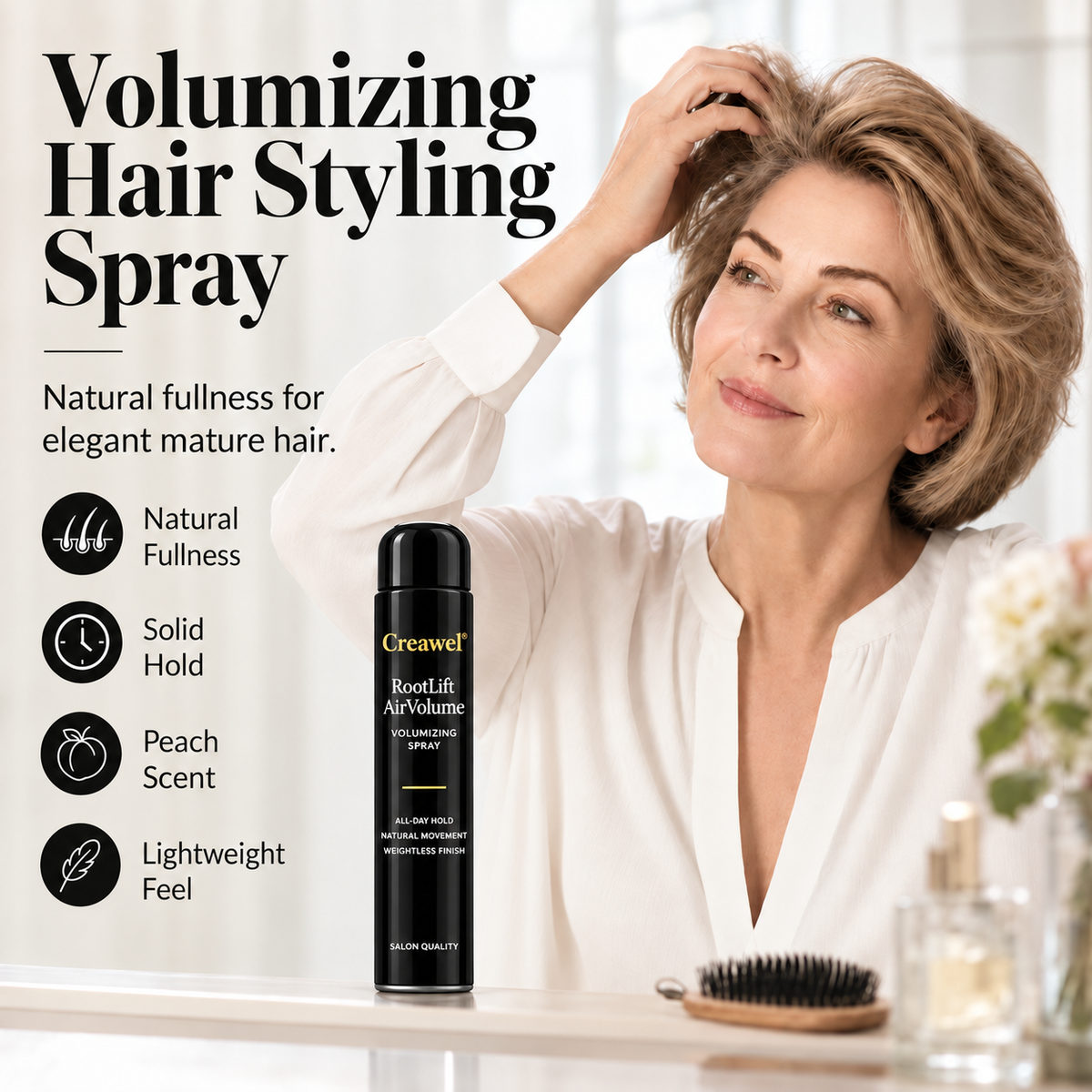 ⏳🔥 LIMITED-TIME 70% OFF! ⏰ Creawel® 🚚RootLift AirVolume Peach-Scented Styling Spray – Instant Root Lift, Fuller-Looking Hair & Flexible All-Day Hold