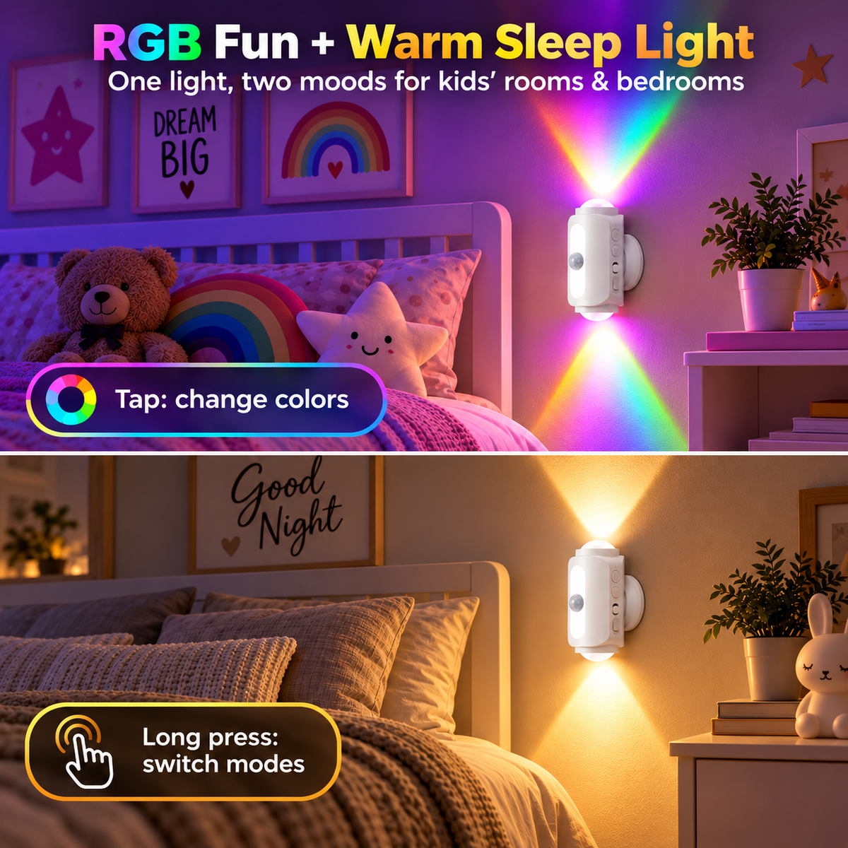 BILLHOL® SmartGlow Motion Sensor Wall Light – Rechargeable RGB & Warm Light
