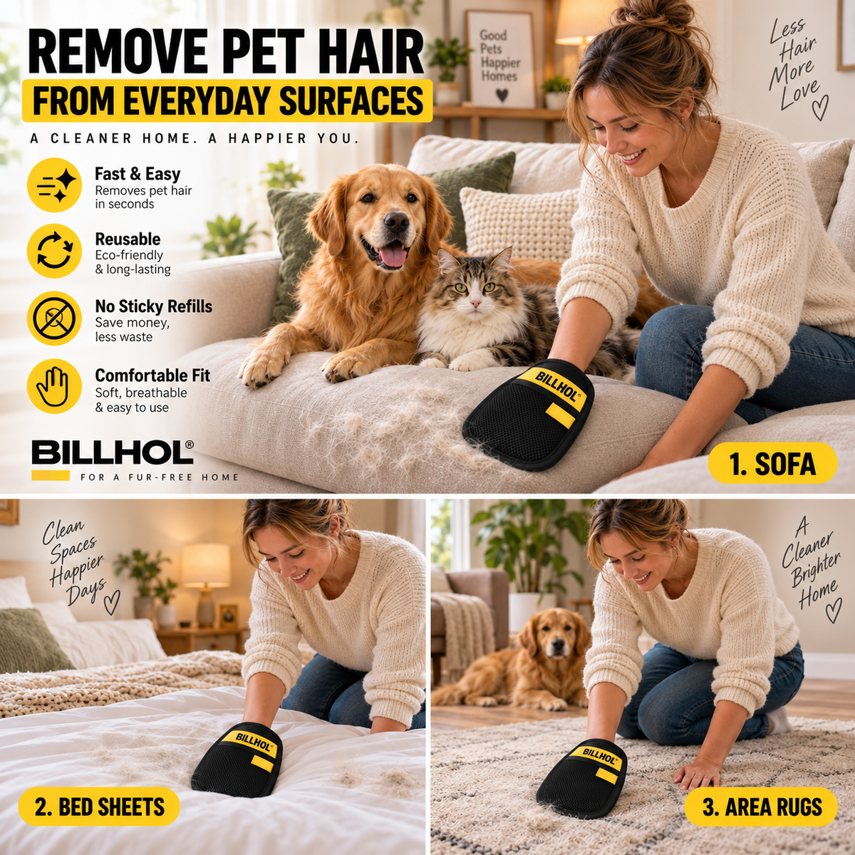 BILLHOL® 🔥FurReset Pro Pet Hair Remover Glove — Reusable Home & Car Fur Cleaning Tool