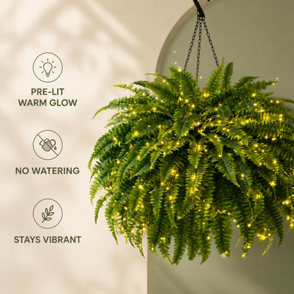 BILLHOL® Oversized Pre-Lit Artificial Boston Ferns - No Watering, No Fading