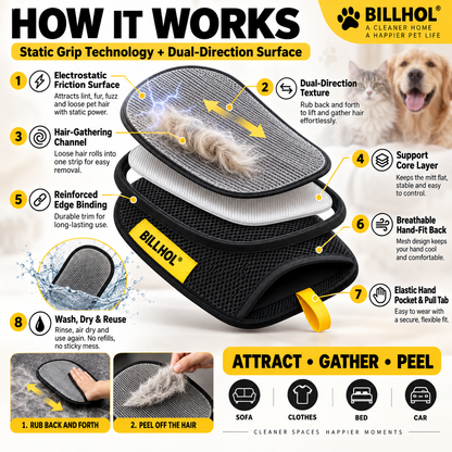 BILLHOL® 🔥FurReset Pro Pet Hair Remover Glove — Reusable Home & Car Fur Cleaning Tool