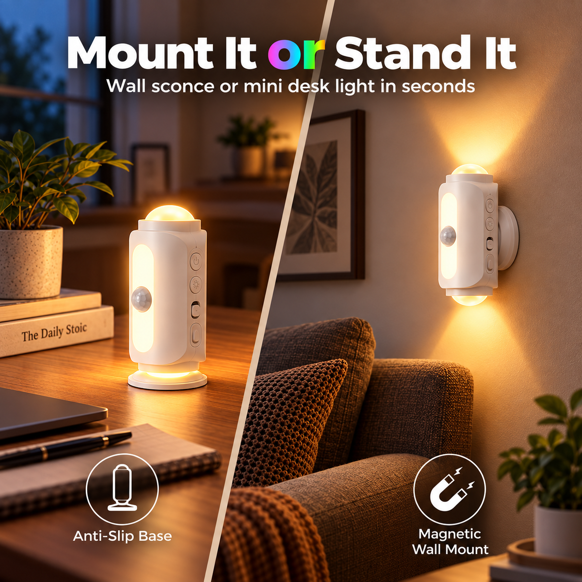 BILLHOL® SmartGlow Motion Sensor Wall Light – Rechargeable RGB & Warm Light