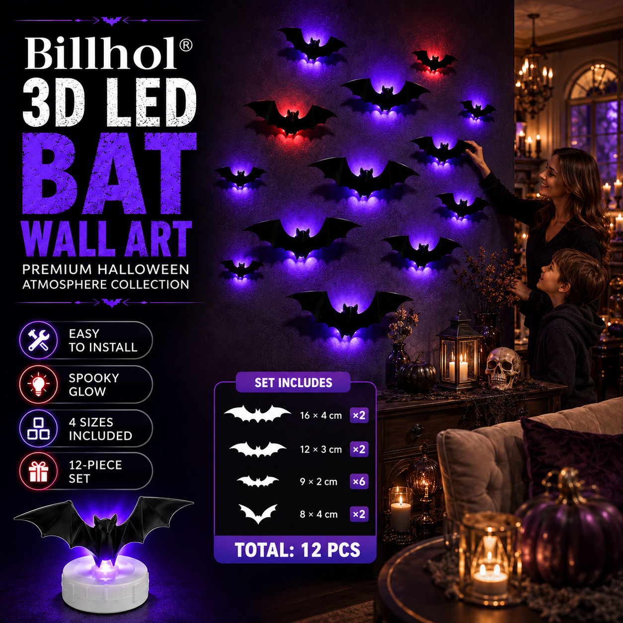 Billhol® 3D LED Bat Wall Art – Premium Halloween Atmosphere Collection