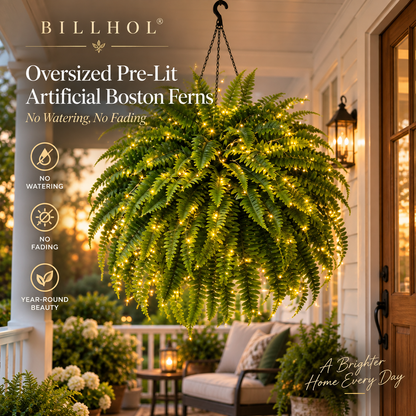 BILLHOL® Oversized Pre-Lit Artificial Boston Ferns - No Watering, No Fading